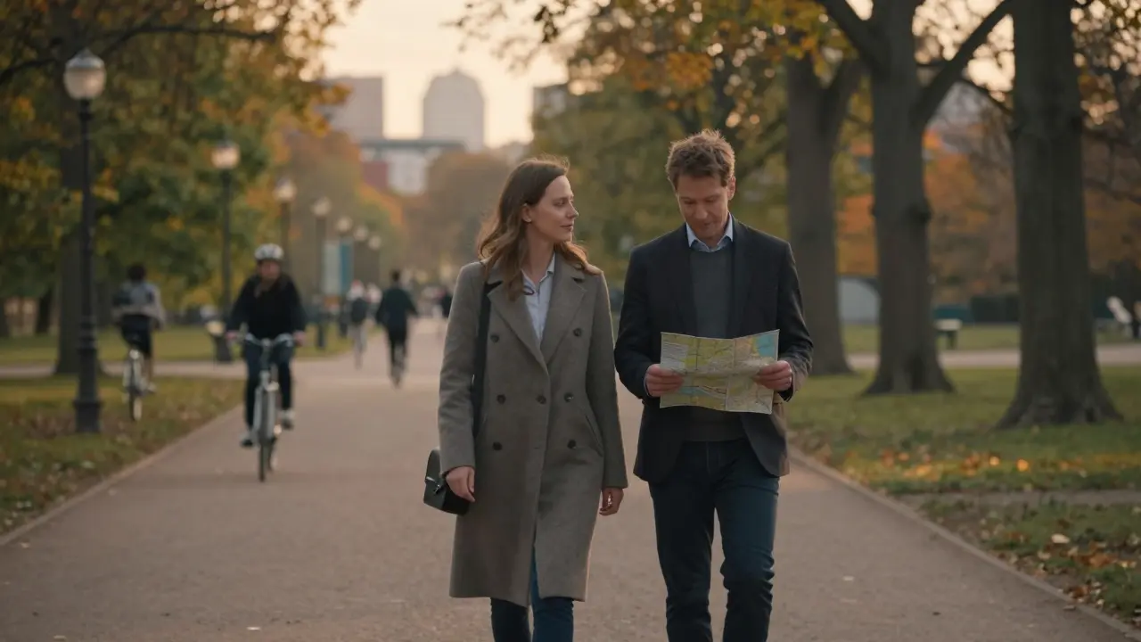 Two people walking peacefully together in Tiergarten Park during golden hour.