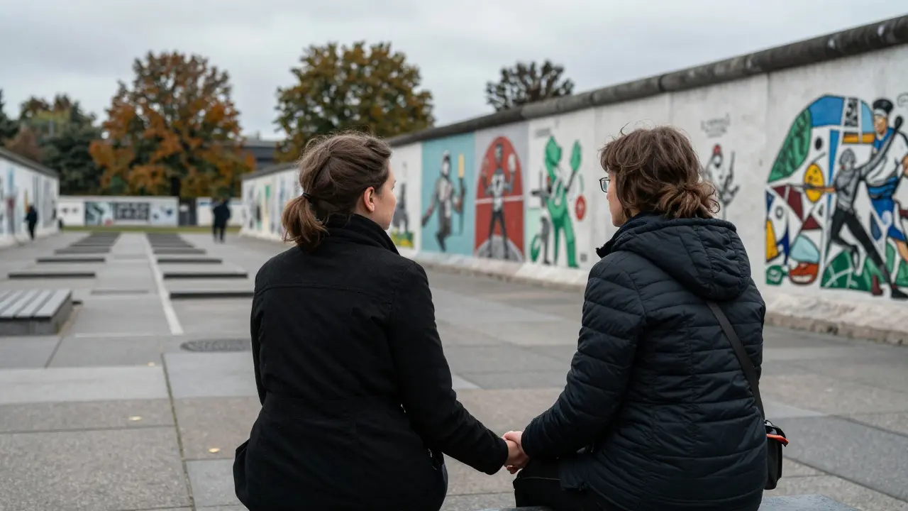 Two women sit together at the Berlin Wall Memorial, holding hands in silent companionship.