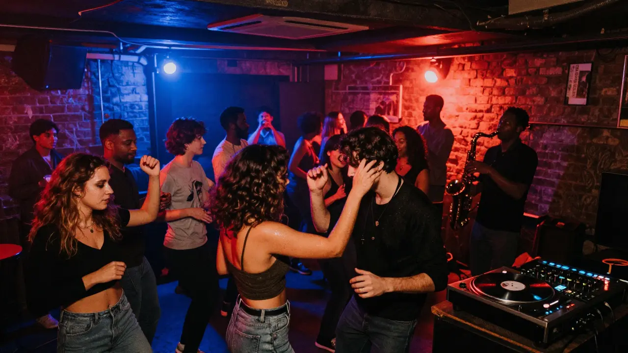 Underground club Babylon with vibrant neon lights and diverse crowd dancing tightly packed.