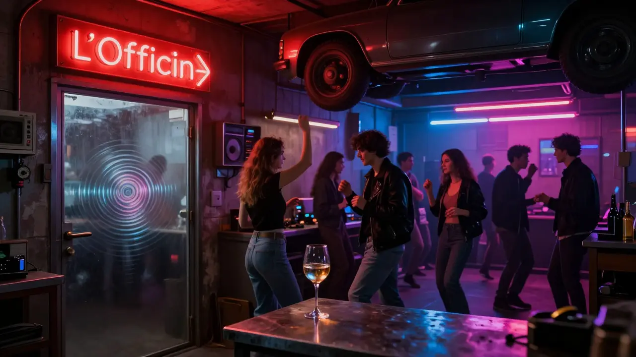 Underground club in Lambrate with red arrow sign and dancers under neon lights.