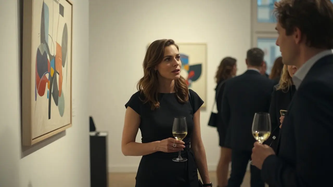 Woman in black dress conversing with a man at an art gallery, soft lighting, emotional connection.