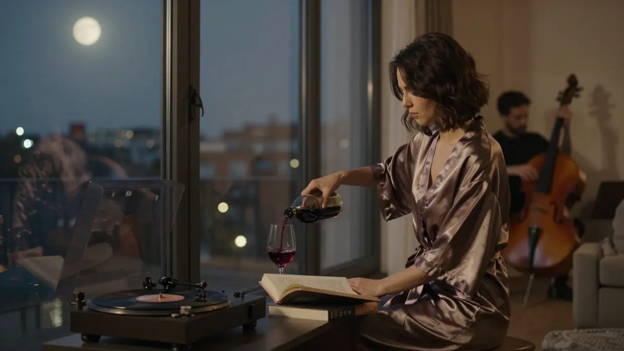 Woman pouring wine in a modern Berlin loft with city lights behind her.