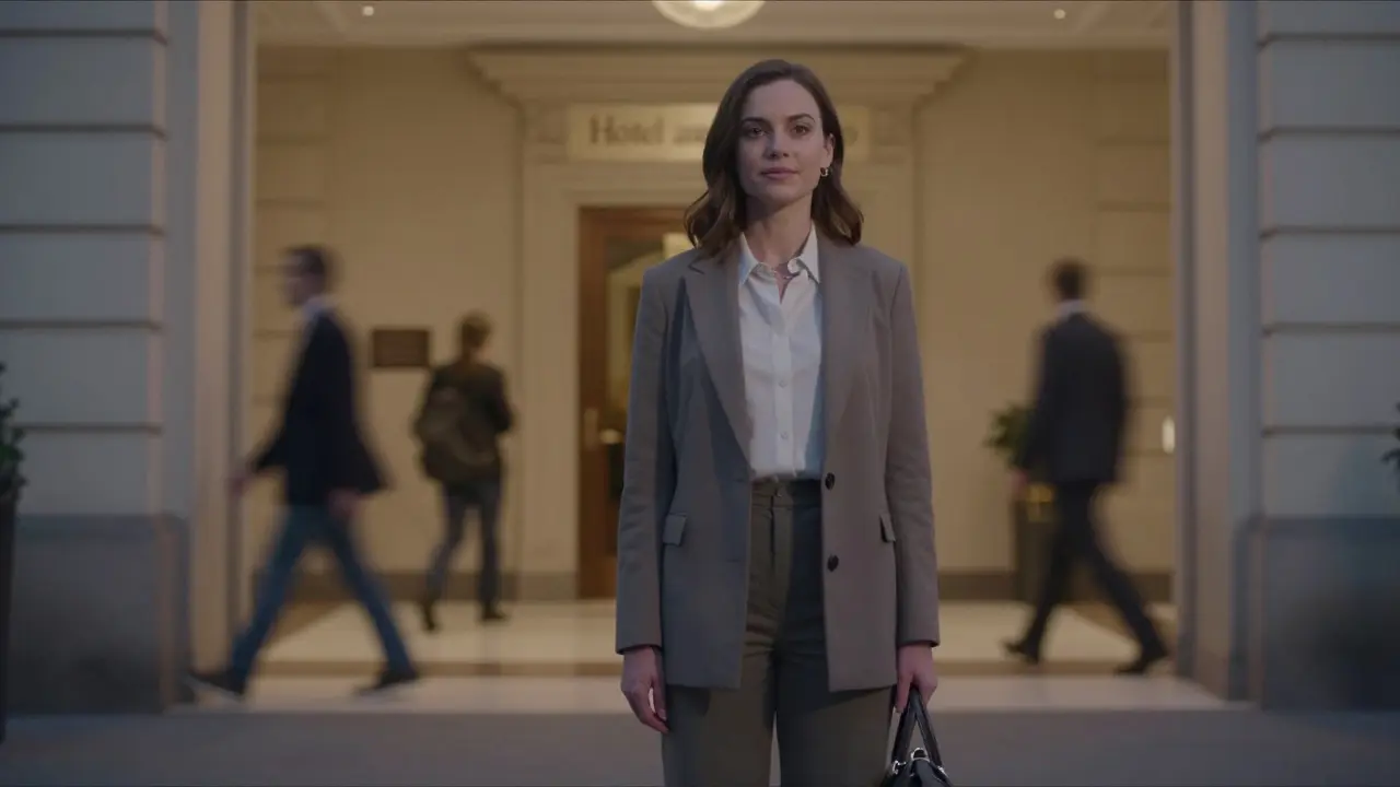 Woman standing by a hotel lobby in Charlottenburg at dusk, quiet and professional demeanor.