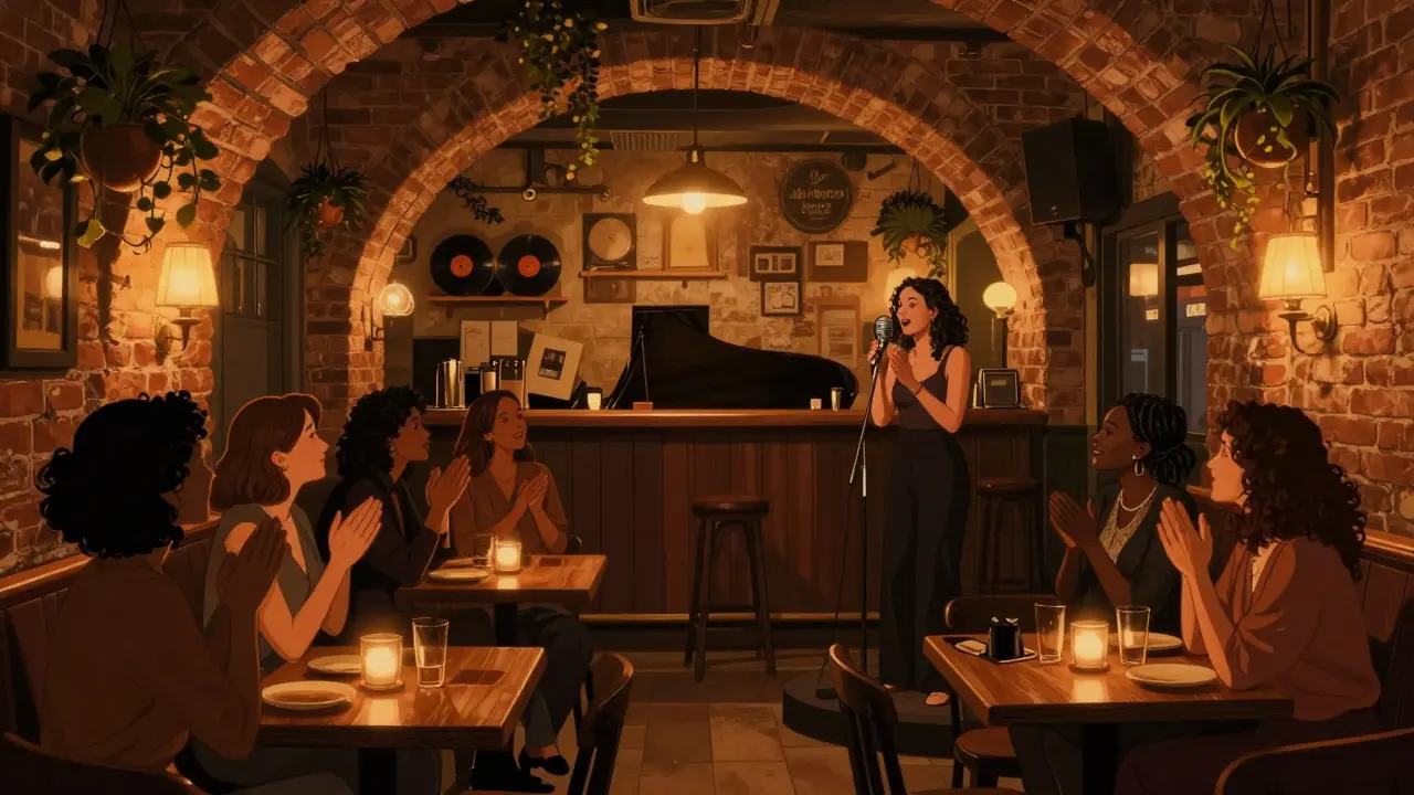 Women listening to a female jazz vocalist in a cozy, plant-filled underground bar in Paris.