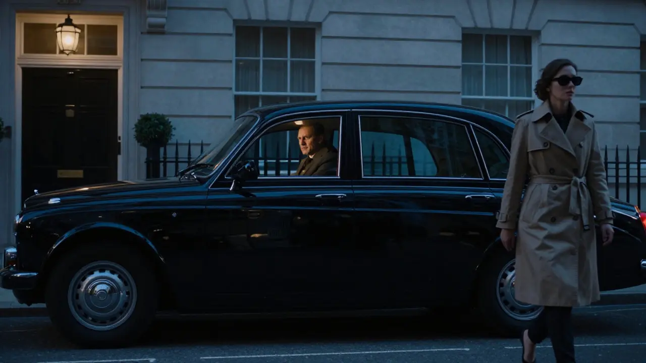 A black car waits outside a private London club as a woman walks away unnoticed into the evening, embodying discretion.