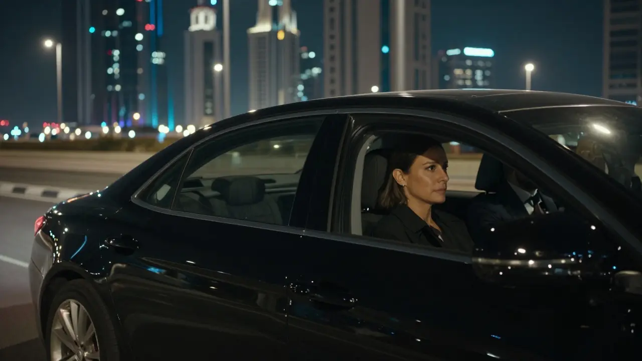 A black sedan driving away at night from a luxury building in Abu Dhabi, with a man and woman inside, silent and discreet.