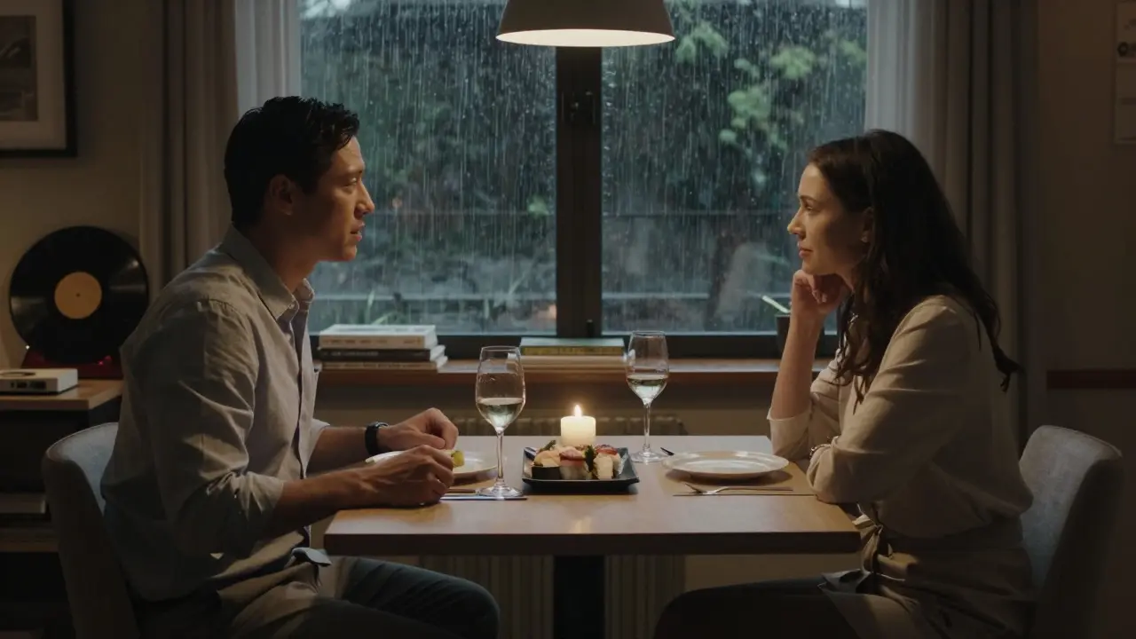 A candlelit dinner in a boutique hotel room with sushi, wine, and books, soft light highlighting an intimate moment.