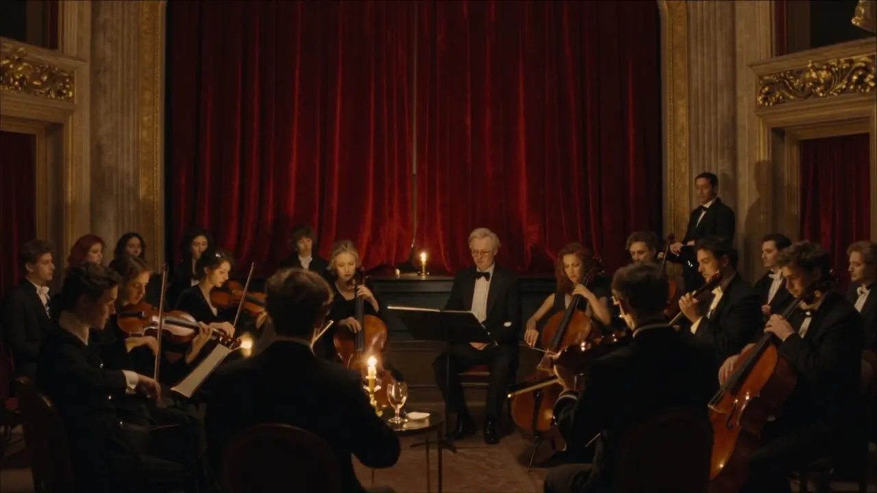 A candlelit salon with 32 guests listening to a string quartet in near darkness.