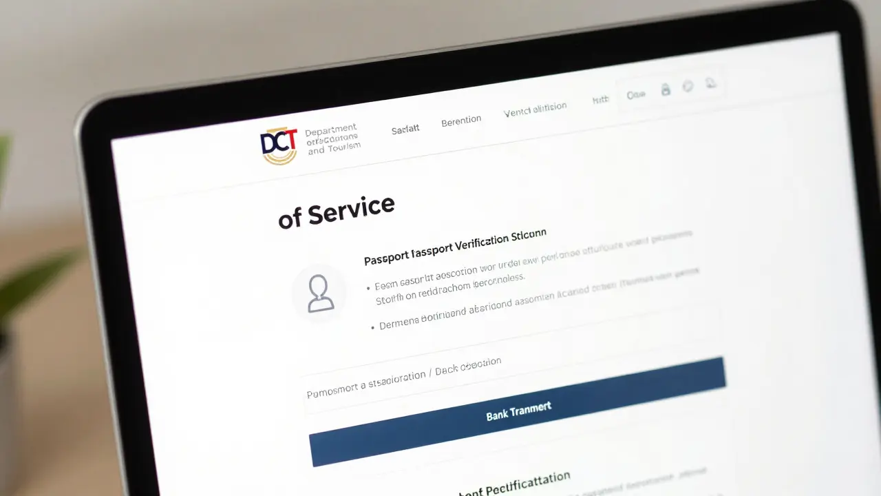 A clean agency website showing passport verification and bank payment options, with official licensing badge visible.