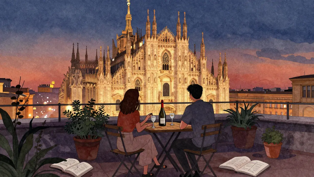 A couple enjoying wine on a rooftop garden as Milan's Duomo glows in the sunset, books and sketches around them.