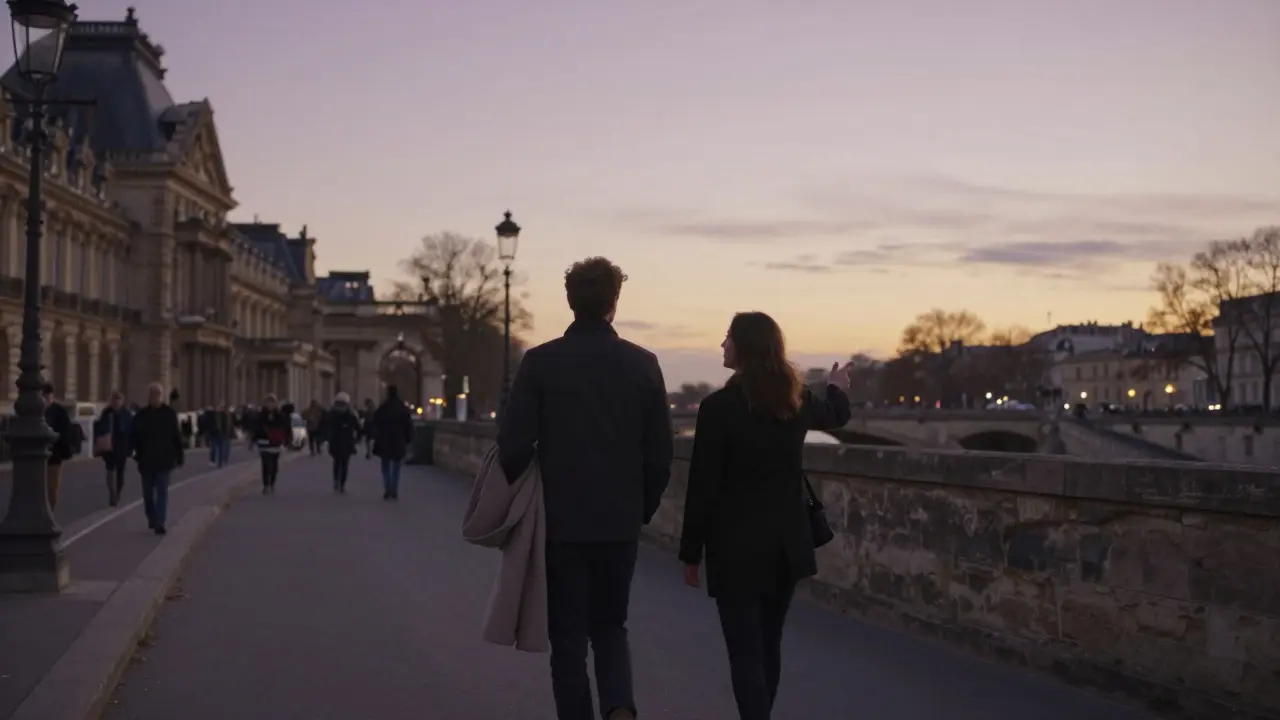 A couple walking peacefully along the Seine at sunset, away from tourist areas.