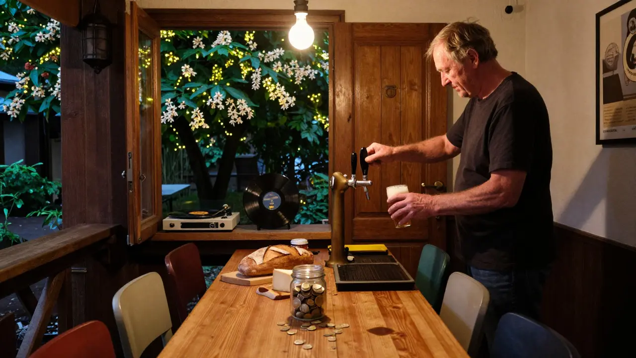 A cozy hidden beer garden with mismatched chairs, a man pouring beer, and soft lights glowing behind a wooden door leading to a secret garden.