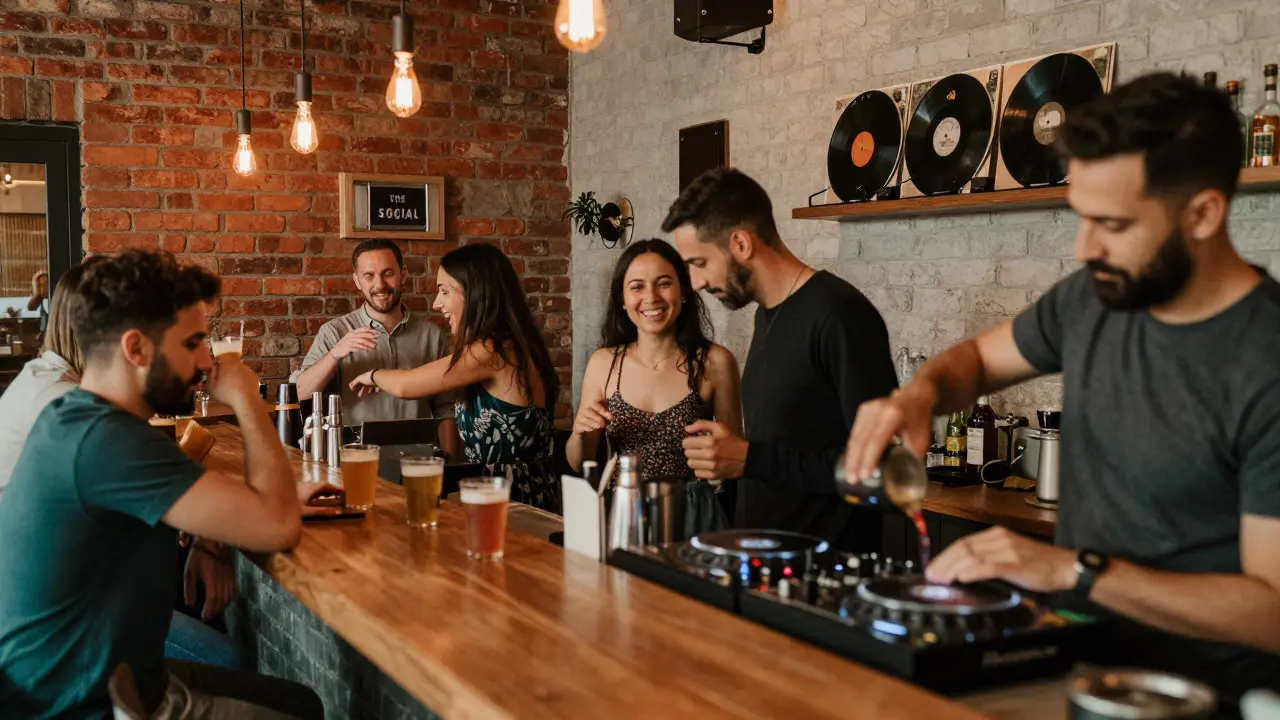 A cozy industrial warehouse bar with locals chatting and dancing to live music under warm lighting.