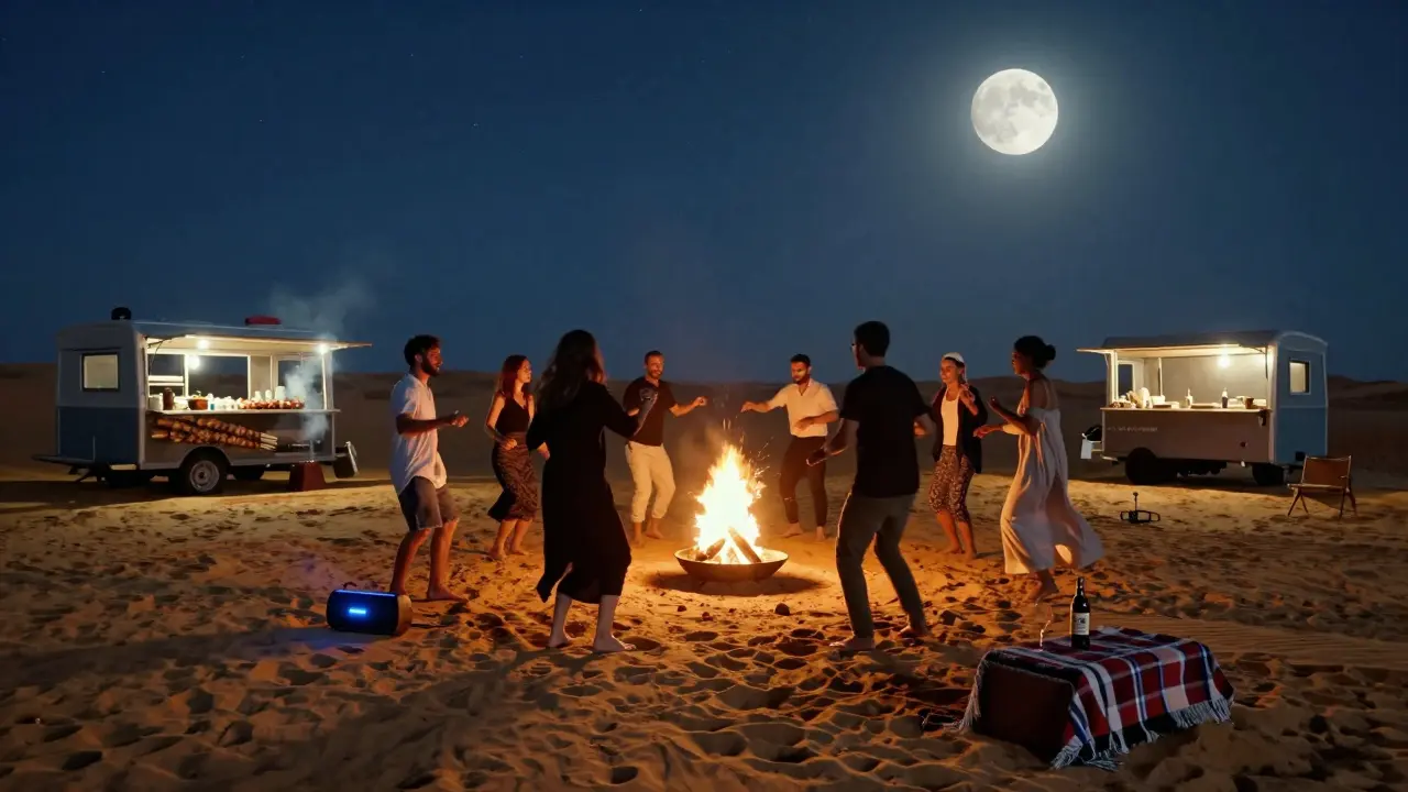 A full moon night on desert dunes with a fire pit, barefoot dancers, and a food truck under a star-filled sky.