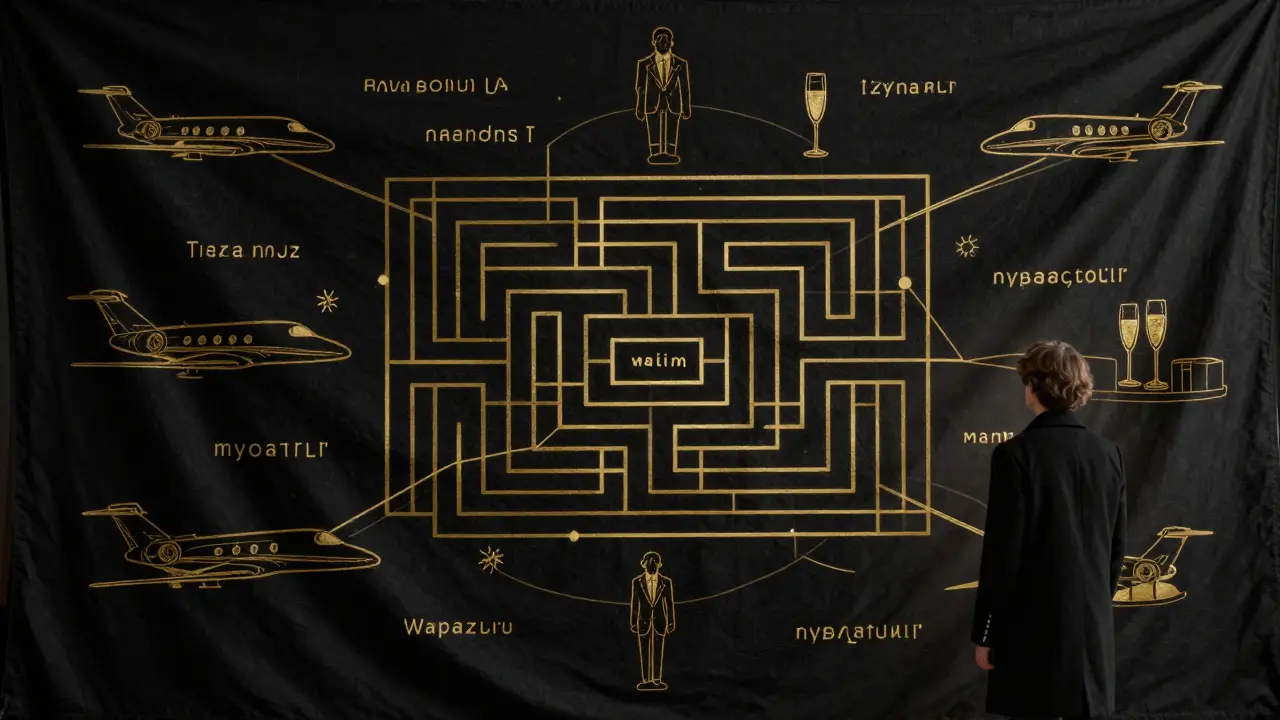 A gold-and-black symbolic tapestry of Monaco's exclusive nightlife, with whispered connections and an outsider watching.