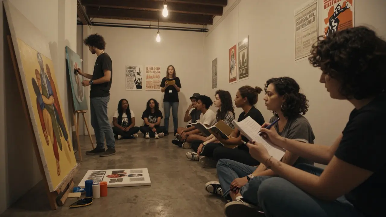 A group gathers in a warehouse gallery as a woman reads poetry, others paint and write on skin, dim bulbs casting warmth over a space of creative connection.