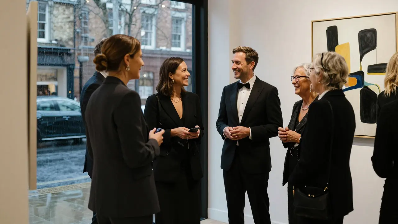 A group of professionals enjoy an art gallery opening, with a sophisticated woman guiding the conversation in elegant evening wear.