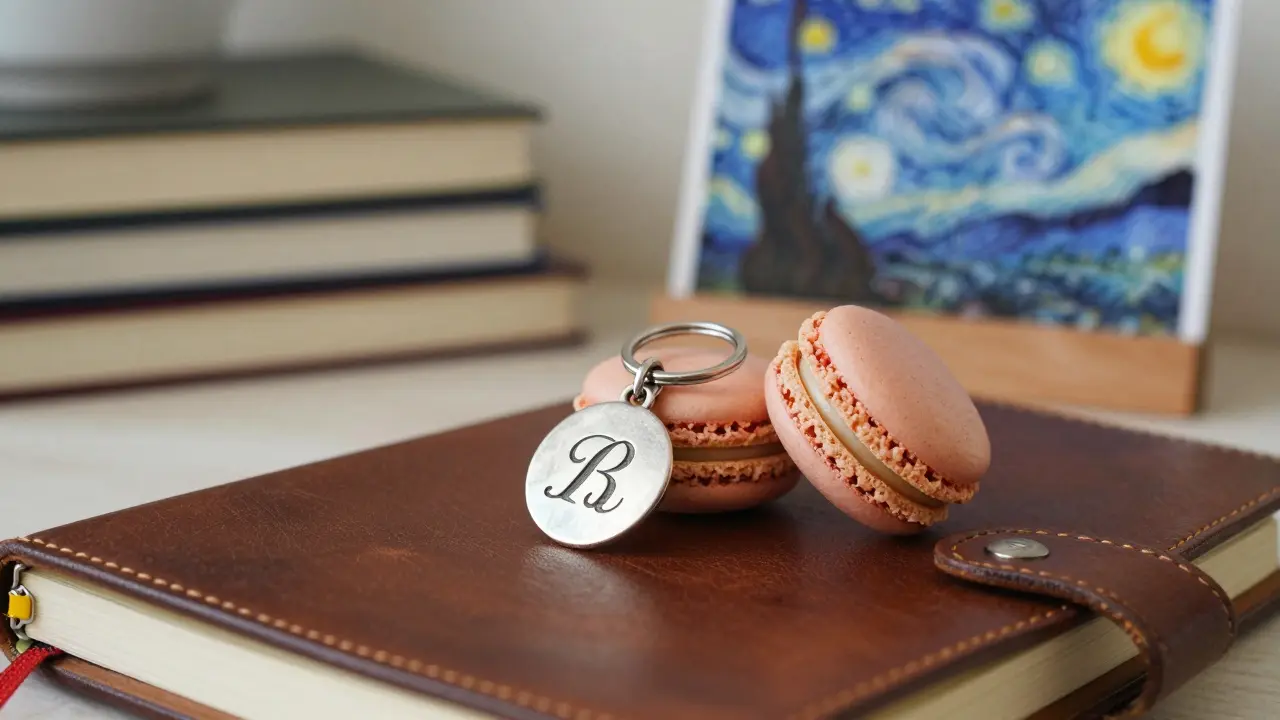 A hand-stamped silver keychain and a tin of macarons on a leather journal in a cozy Parisian apartment.