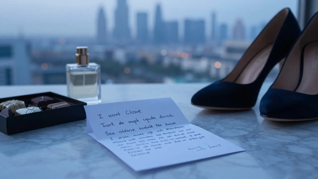 A handwritten note and small gift on marble, symbolizing a respectful end to an evening.