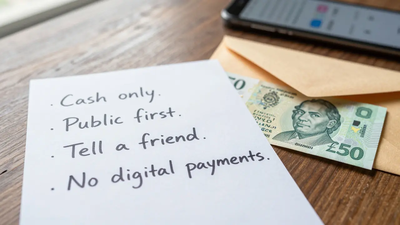 A handwritten safety checklist with cash and a sealed envelope on a wooden table.