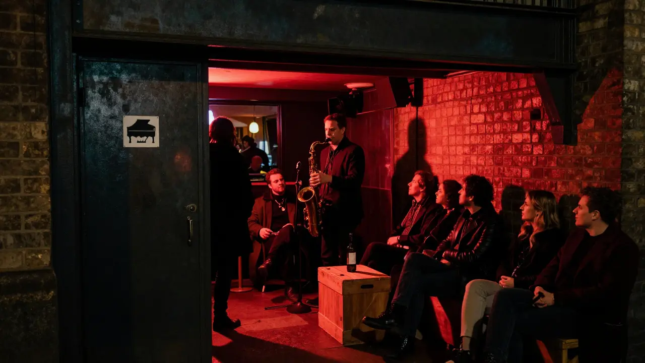 A hidden jazz club under a bridge, musicians playing in dim red light as listeners stand and sit among wooden crates.