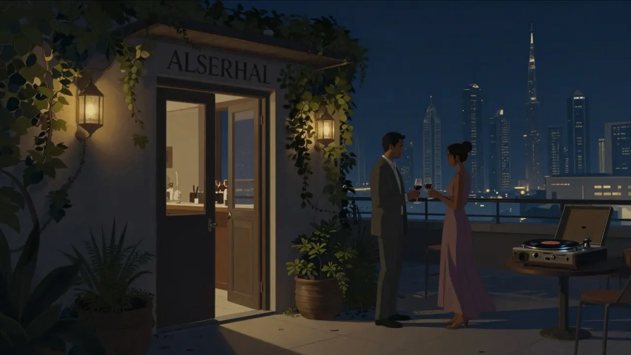 A hidden rooftop bar in Alserkal Avenue at night, two elegantly dressed figures sharing a quiet toast under soft ambient light.
