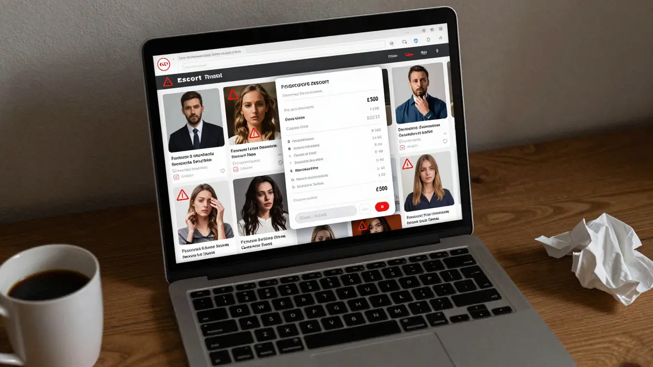 A laptop showing fake escort ads and a payment receipt on a cluttered desk in a London flat.