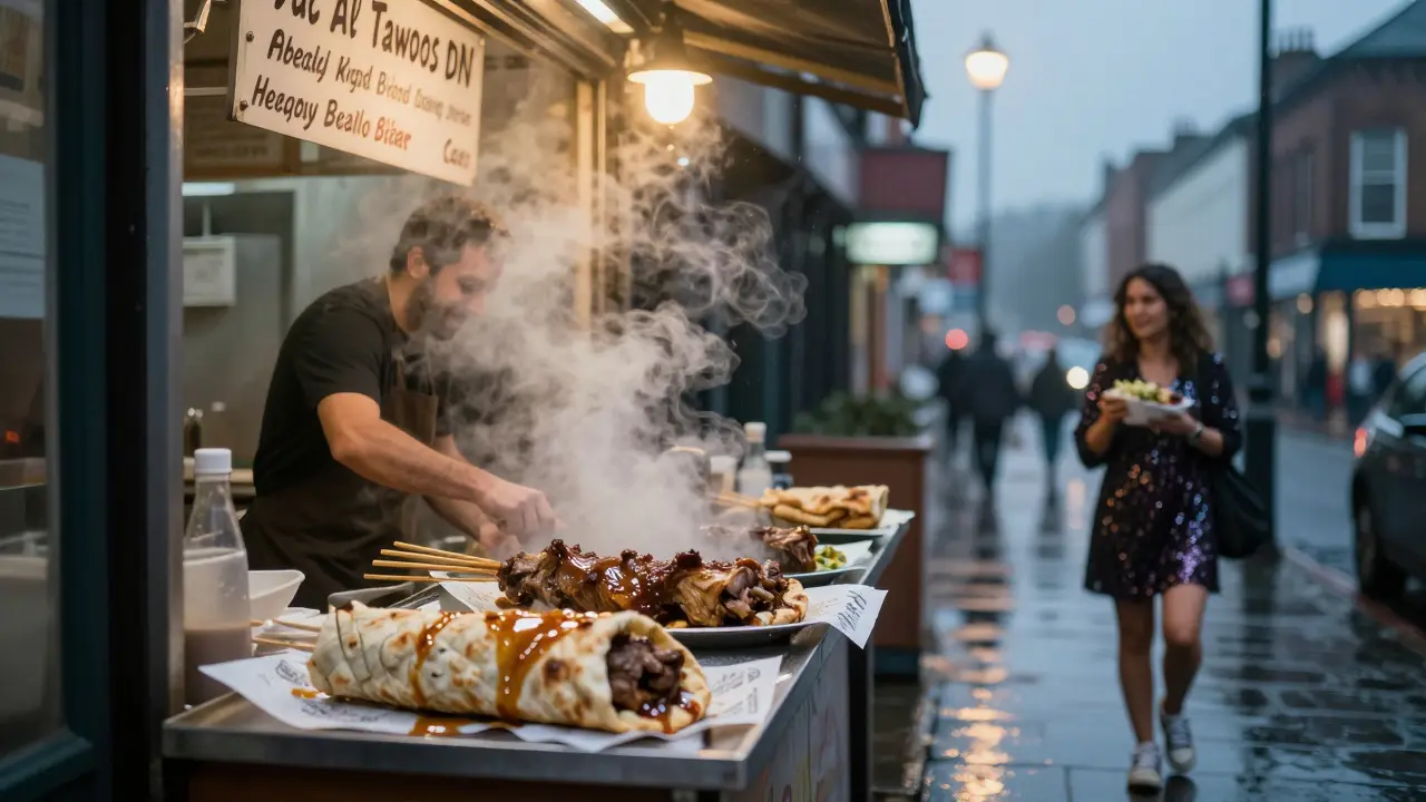 A late-night kebab shop in Brixton at dawn, with steam rising from a wrapped lamb kebab in front of a rain-slicked street.