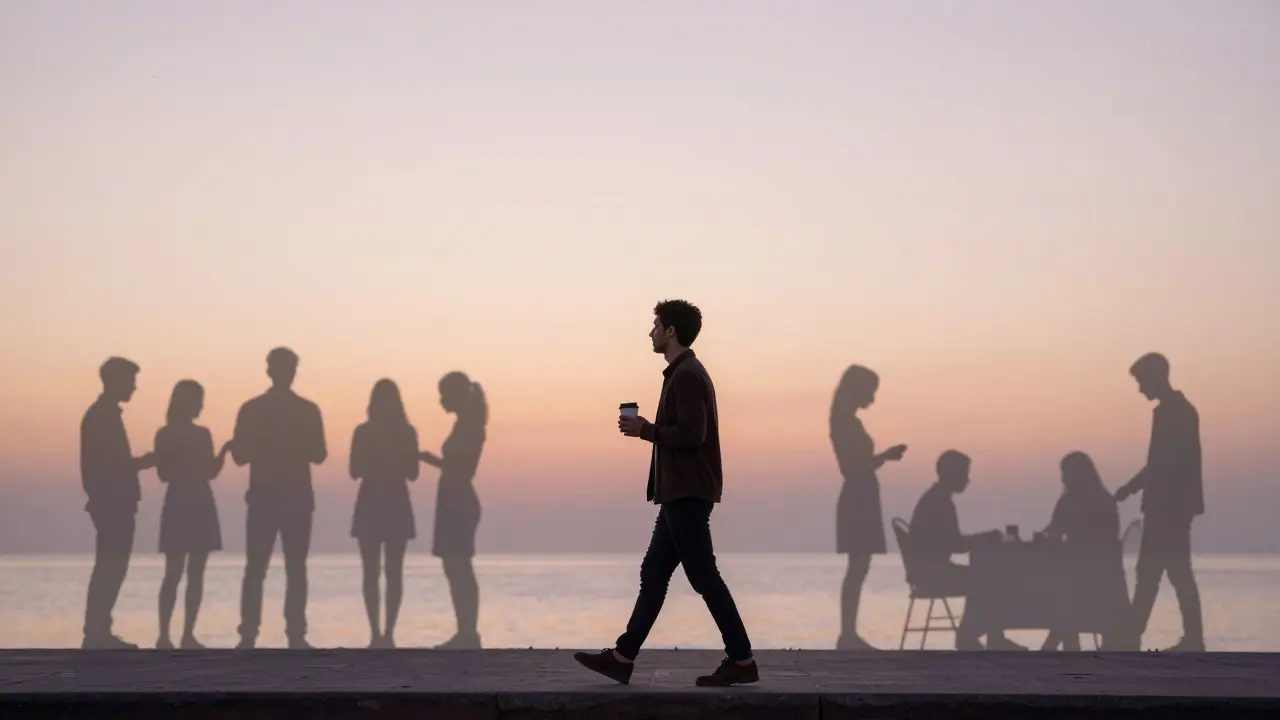 A lone expat walking along the Corniche at sunrise, surrounded by abstract scenes of social connection and community.