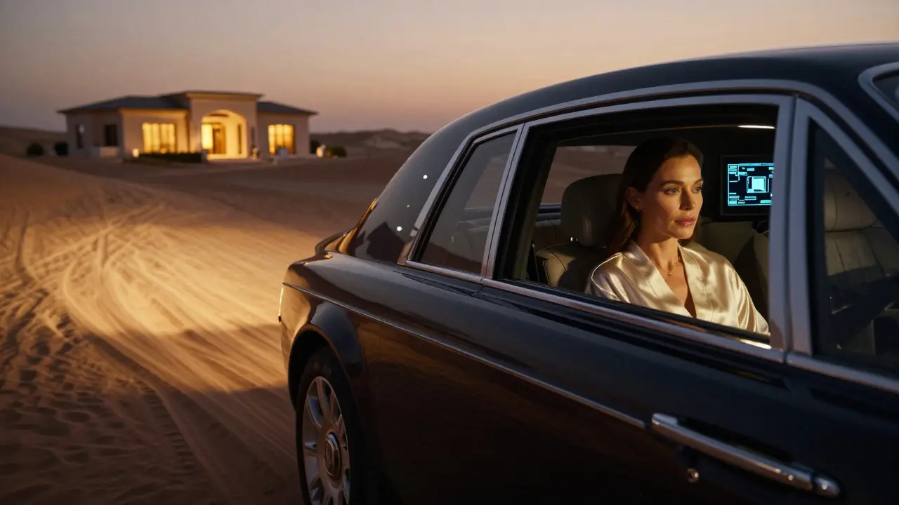 A luxury car travels through desert dunes at dusk, heading toward a secluded villa under a golden twilight sky.