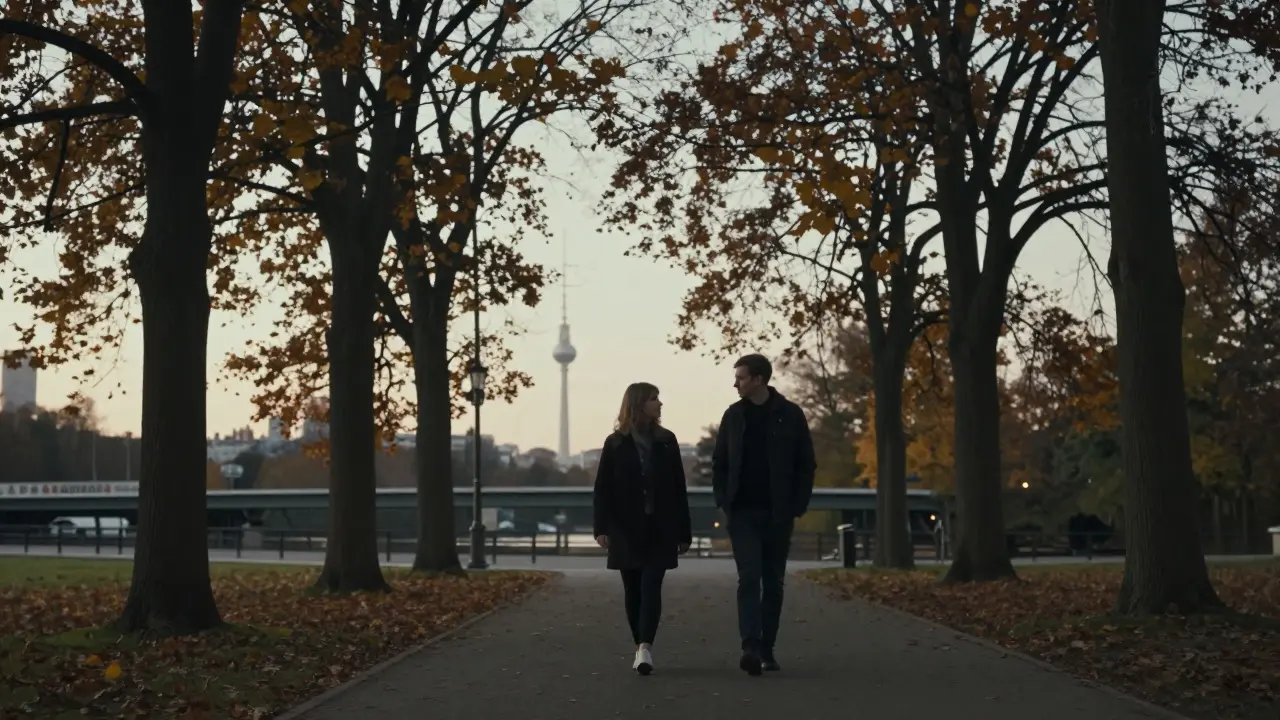 A man and woman walking peacefully through Tiergarten park at dusk, silhouetted against fading sunlight.