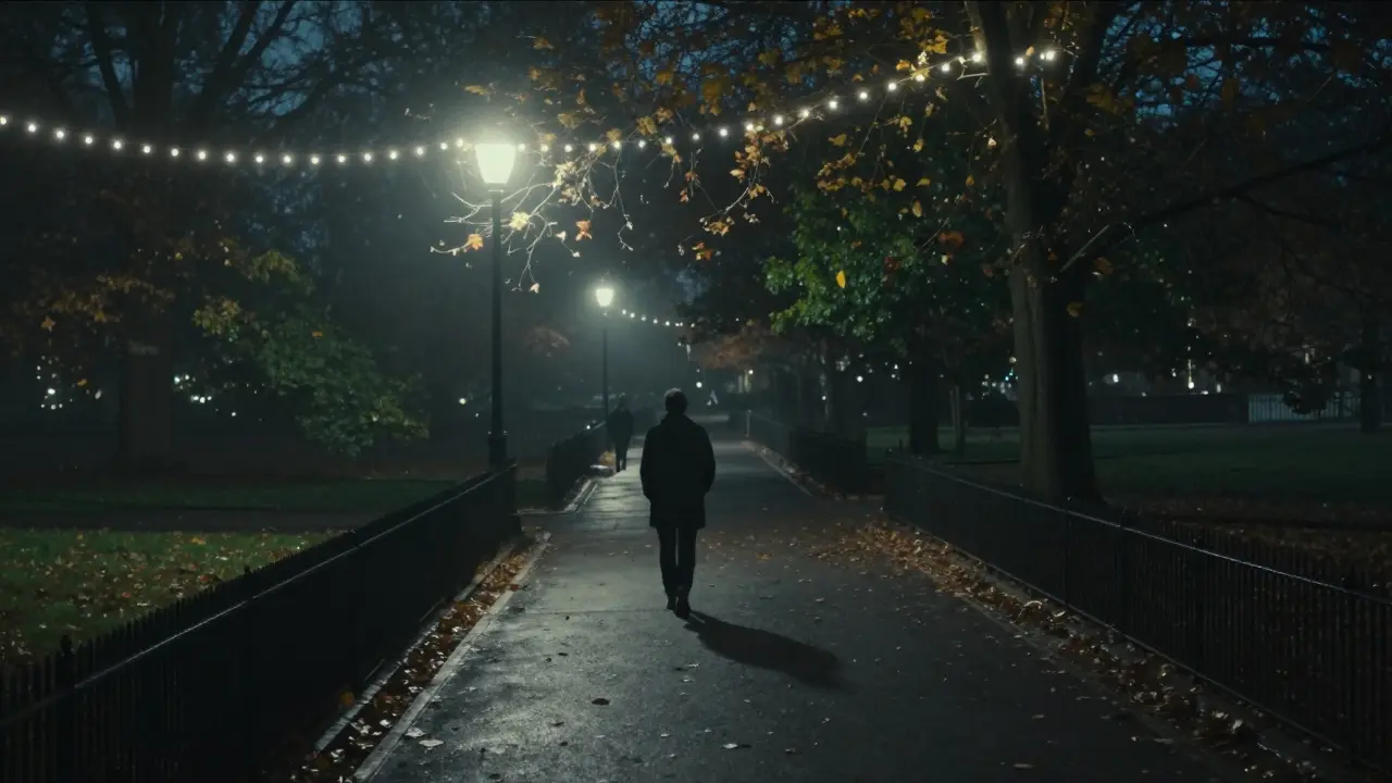A person walking through Hyde Park at night under string lights, autumn leaves falling, another figure softly visible behind.