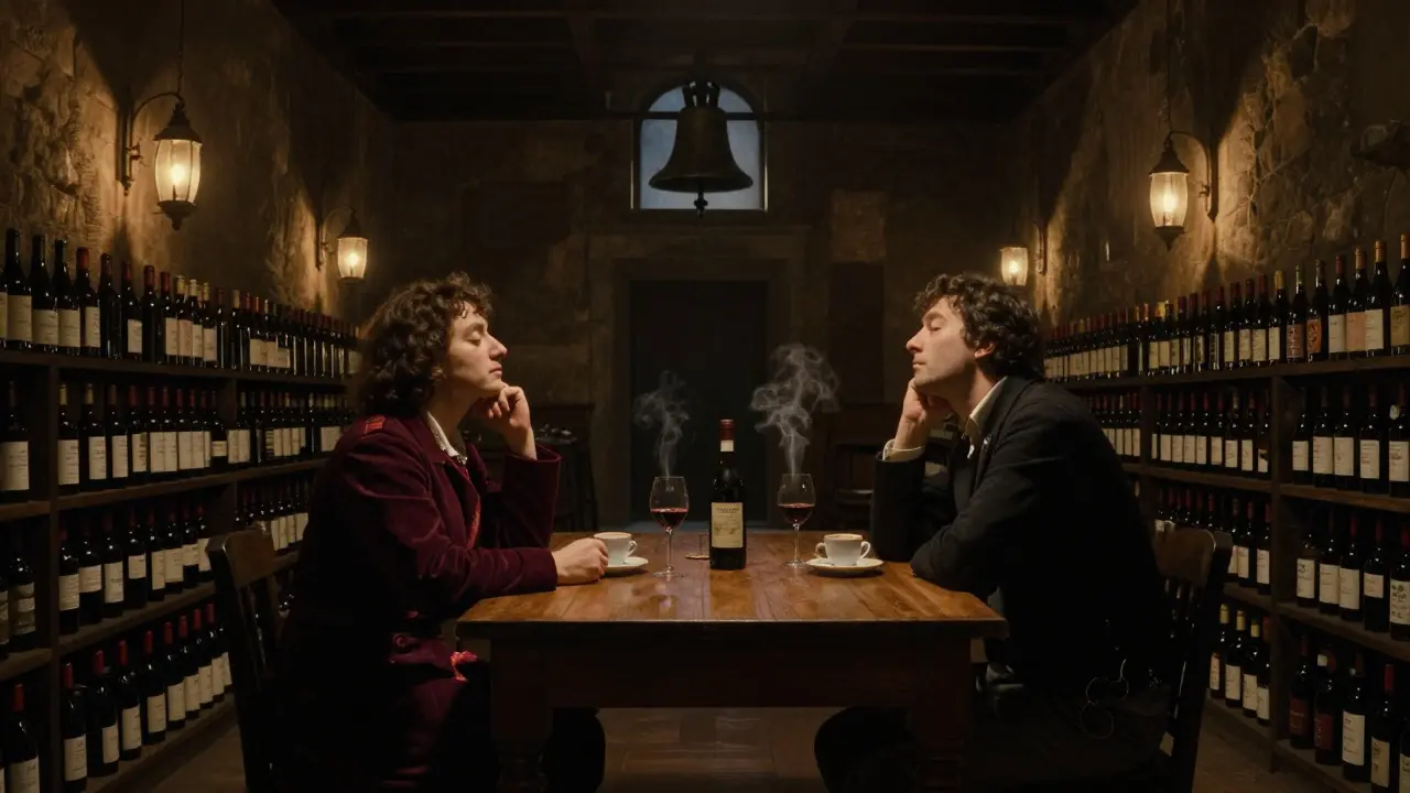 A private wine tasting in an ancient palazzo cellar, two people sharing quiet reflection over a glass of Barolo.