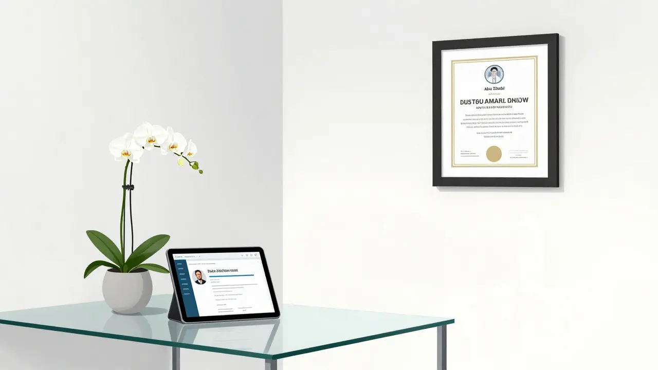 A professional agency office in Abu Dhabi with a verified client profile on a tablet and white orchids on a glass table.
