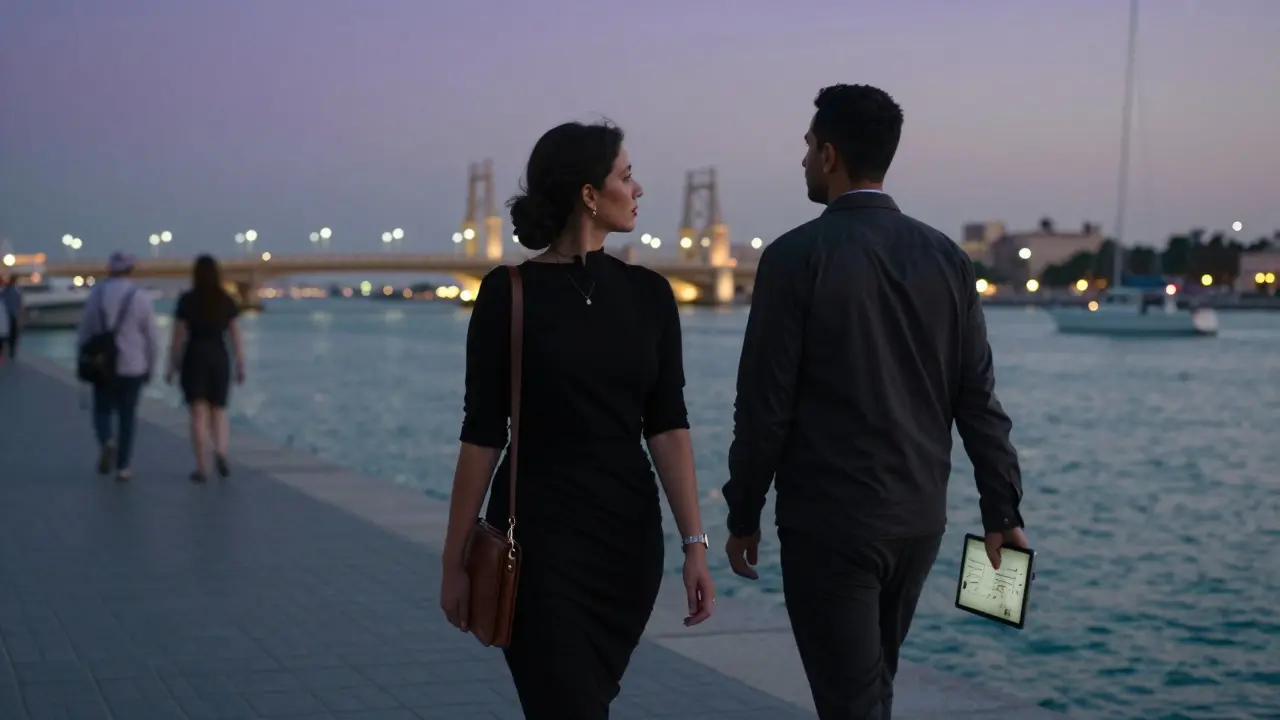 A professional companion guiding a man along the Al Qana waterfront at dusk, city lights reflecting on water.