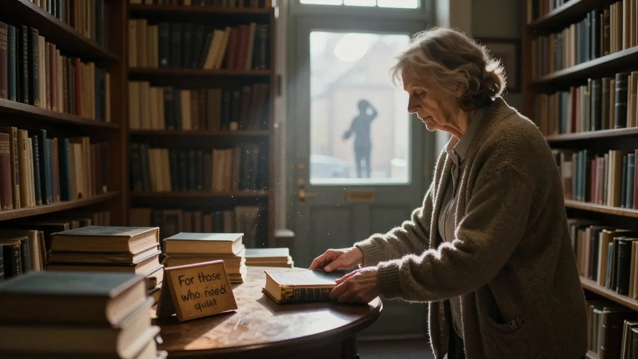 A quiet bookshop interior filled with old books, moonlight streaming in, as an elderly woman places a journal on a wooden table.