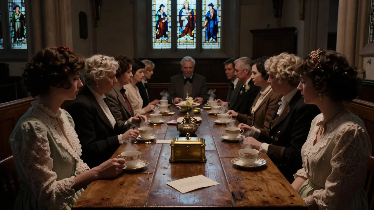 A quiet midnight tea party in a Victorian chapel with guests in vintage attire.