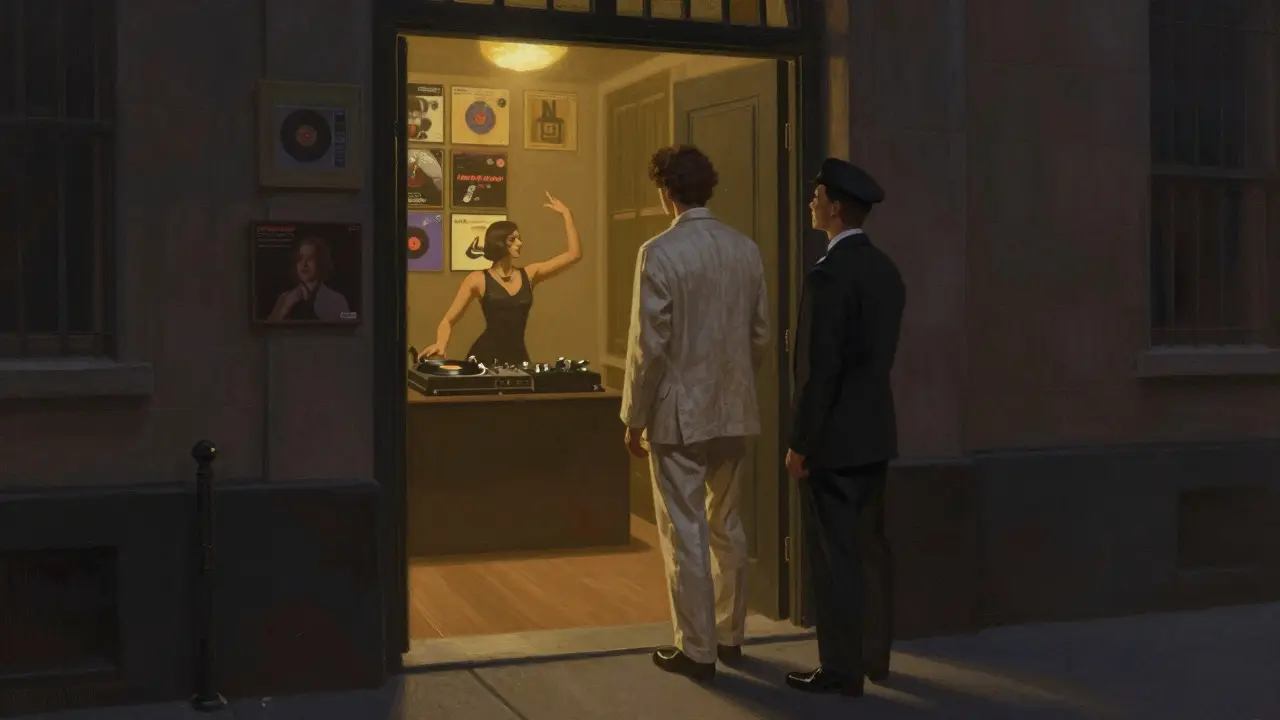 A quiet VIP club entrance at 1:30 a.m., dimly lit with vinyl records and elegant guests.