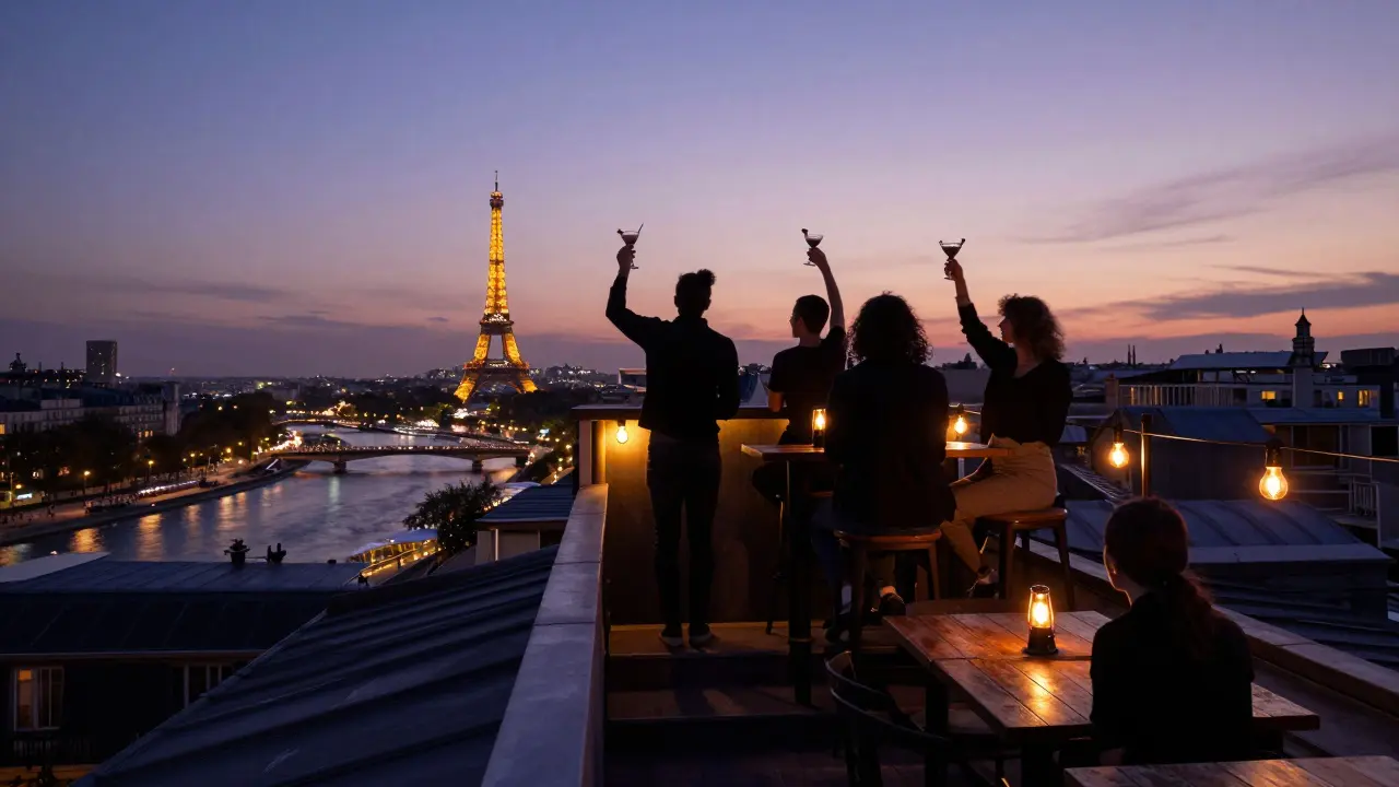 A rooftop bar in Paris at sunset, with city lights glowing below and patrons silhouetted against the skyline.
