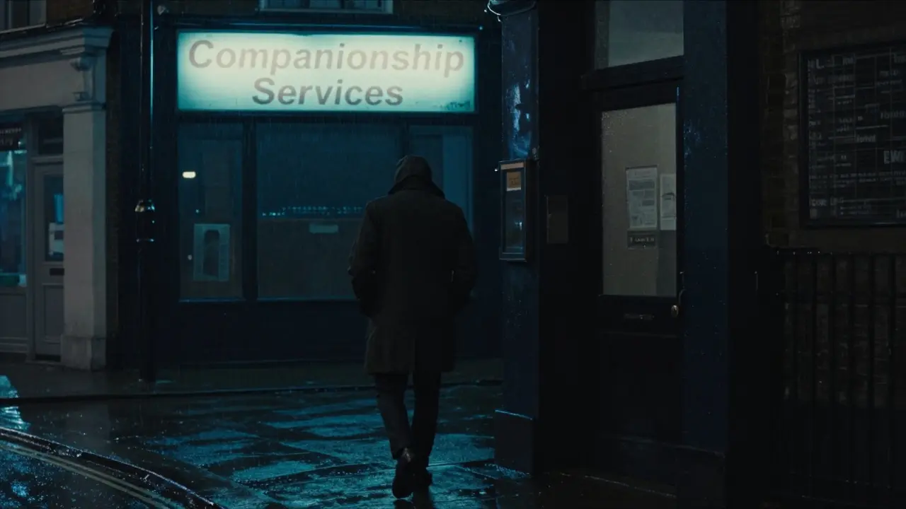 A solitary figure walking away from a dimly lit doorway in rainy London, symbolizing caution and isolation.