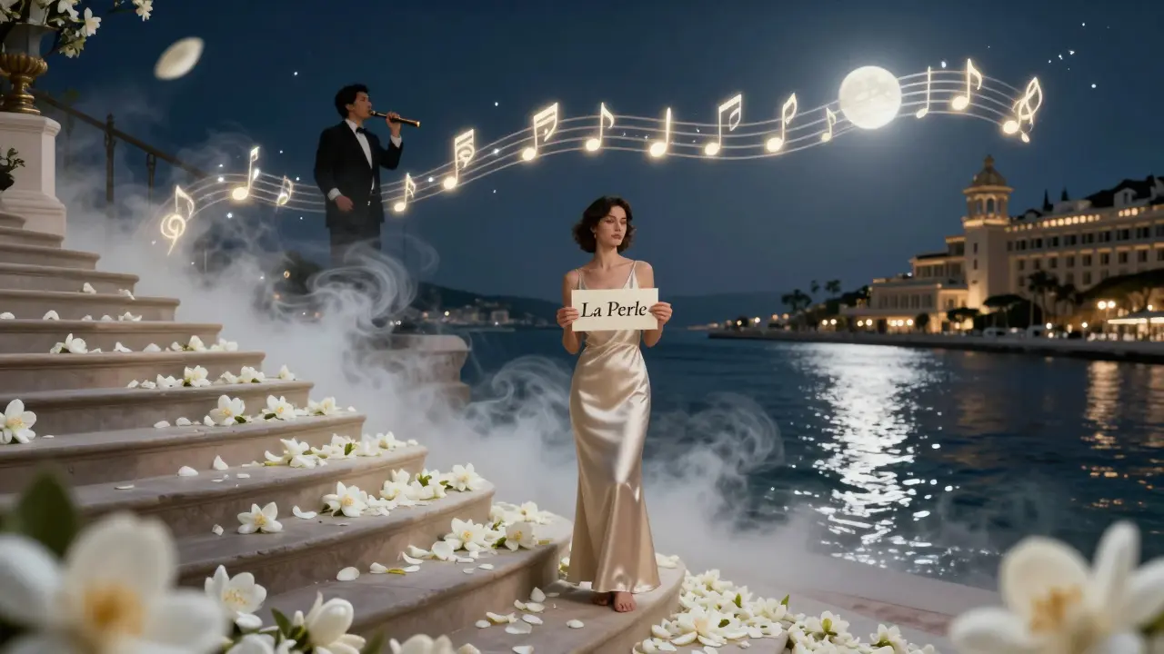 A woman on a hidden staircase holding a slip of paper, surrounded by floating jazz notes and jasmine petals.