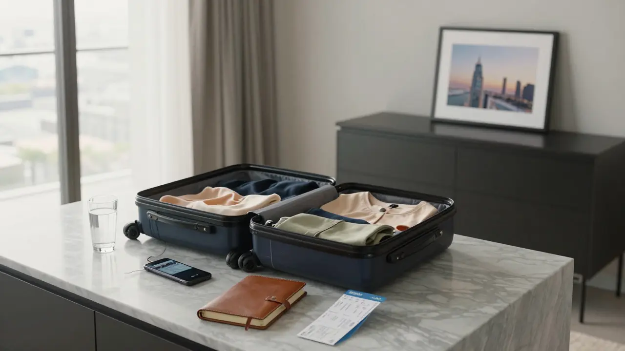 A woman packs in a pristine penthouse apartment, a burner phone and boarding pass left on the counter as morning light falls softly.