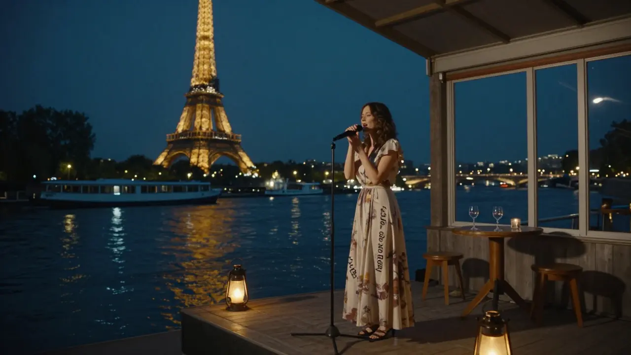 A woman singing 'La Vie en Rose' on a boat along the Seine with the Eiffel Tower glowing behind her.
