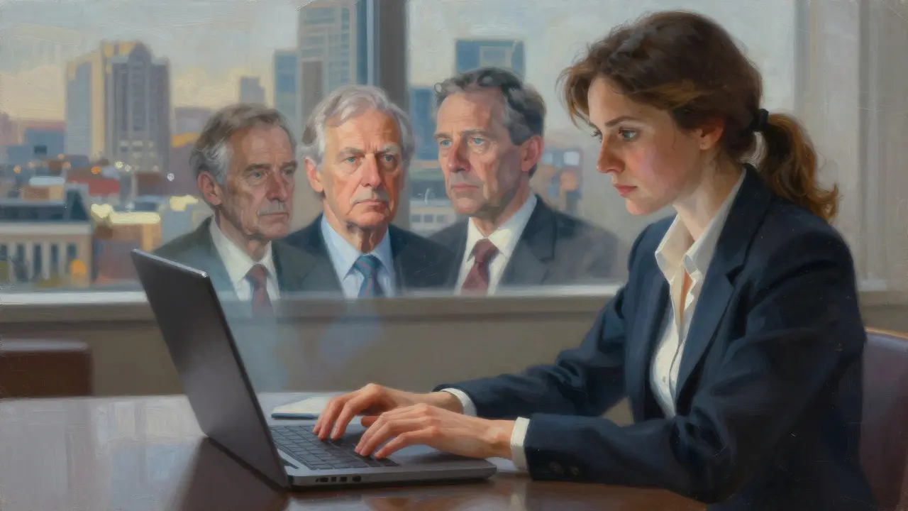 A woman typing on a laptop as ghostly faces float behind her, symbolizing hidden emotional connections.