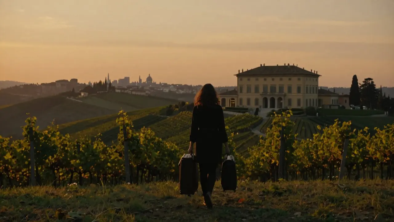 A woman walking away from a villa at sunset, suitcase in hand, toward a vineyard in Piedmont.