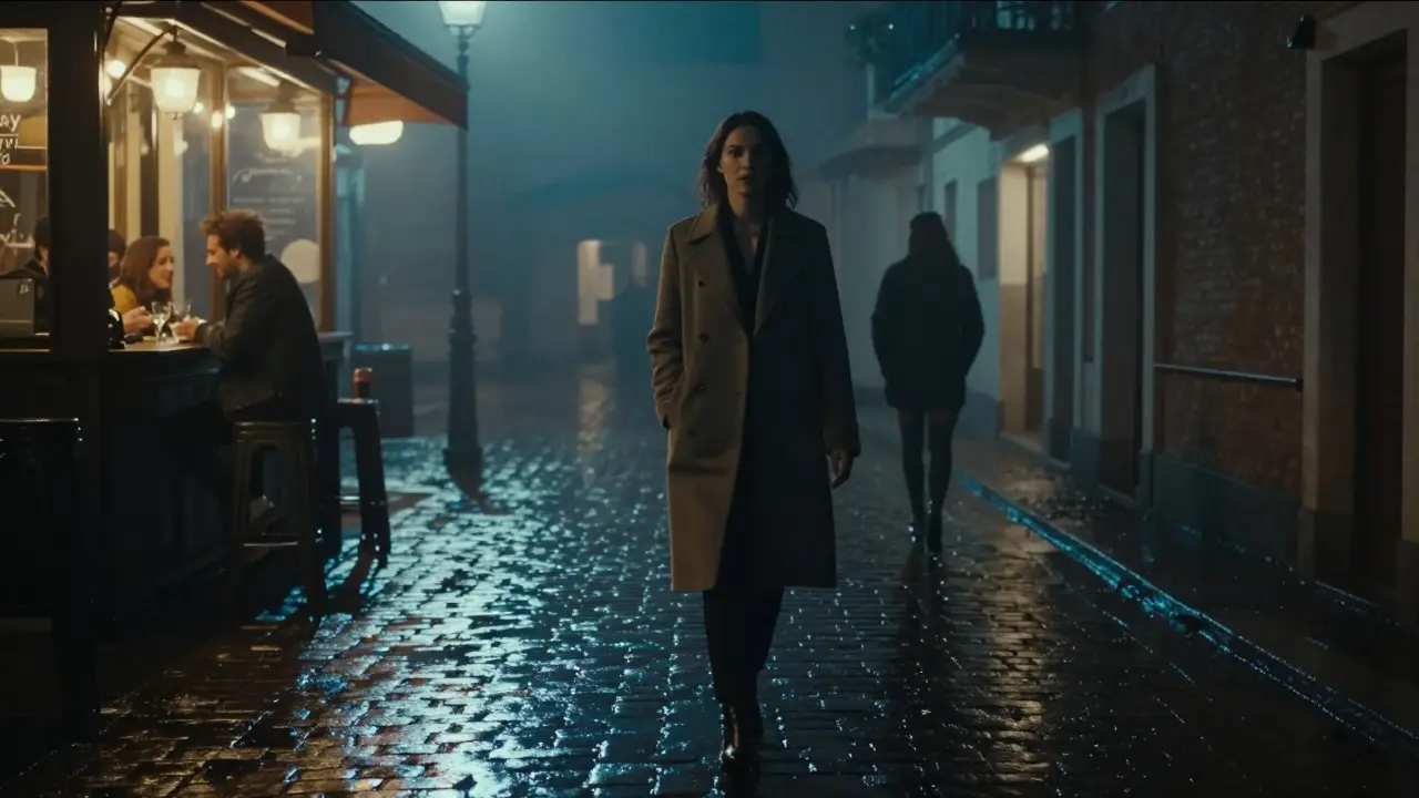 A woman walking through Milan's Navigli district at night, her reflection subtly joined by an unseen companion.