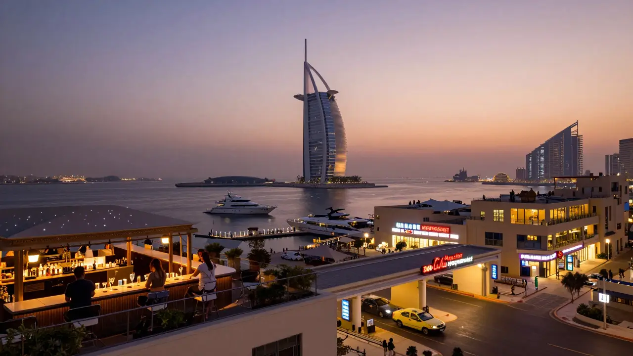 Aerial view of Dubai at 4 a.m. showing rooftops, 24-hour stores, yachts, and nightlife hubs under soft sunrise light.