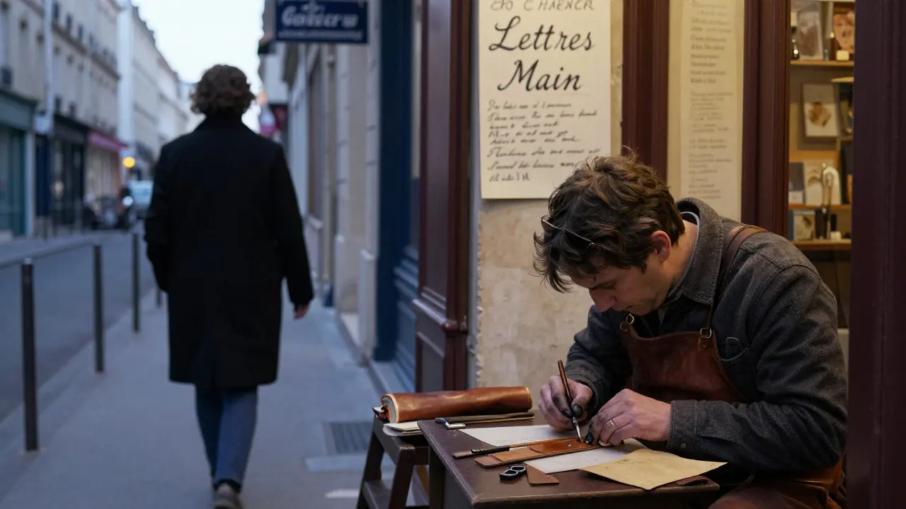 An artisan hand-stamping a bookmark from an old book cover in a quiet Parisian shop at dawn.