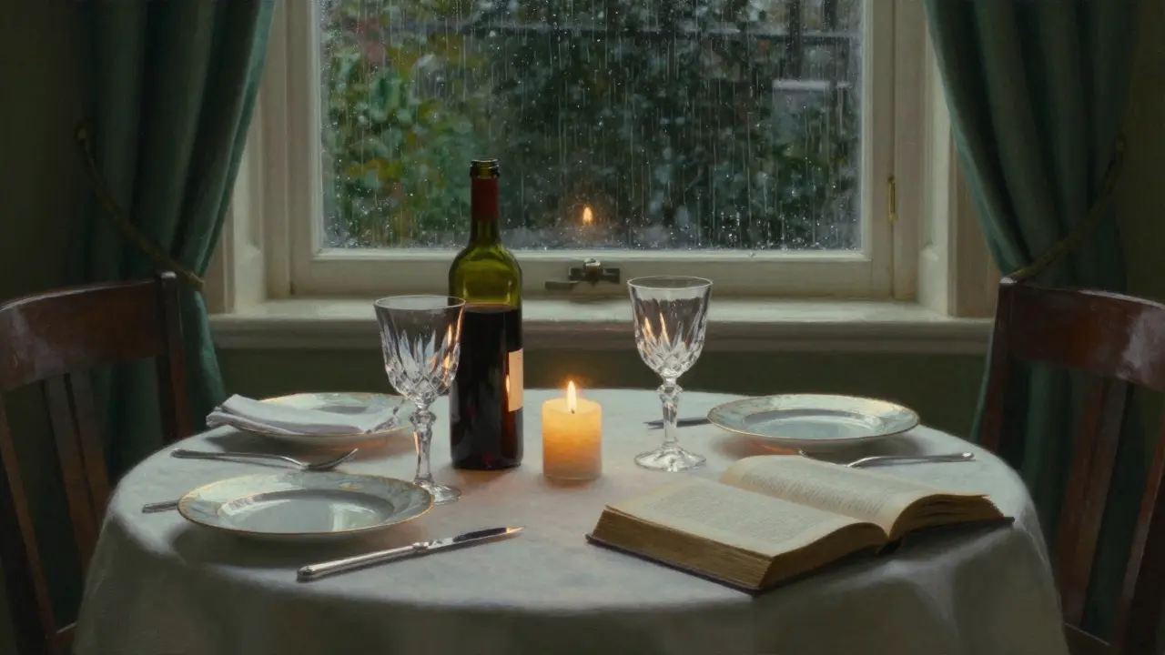 An empty fine dining table set for two, with wine, a book, and a flickering candle—silent, intimate, and untouched by time.
