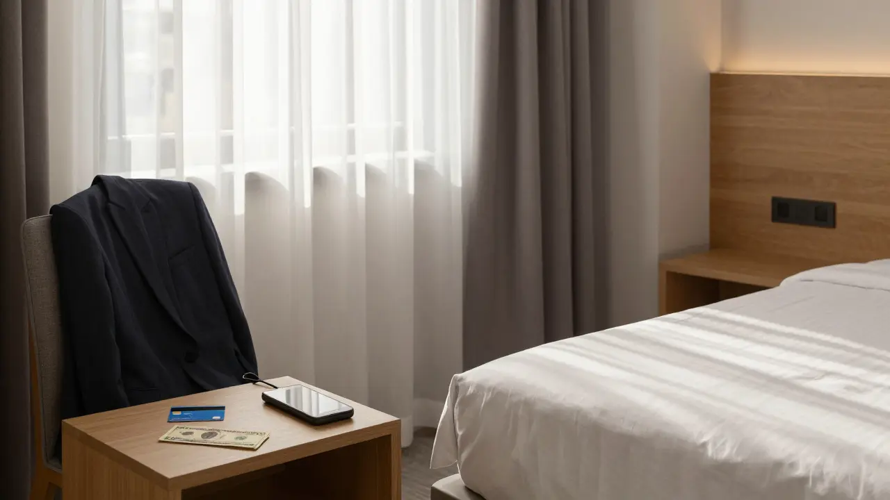 An empty hotel room at dawn, left clean and orderly after a respectful encounter.